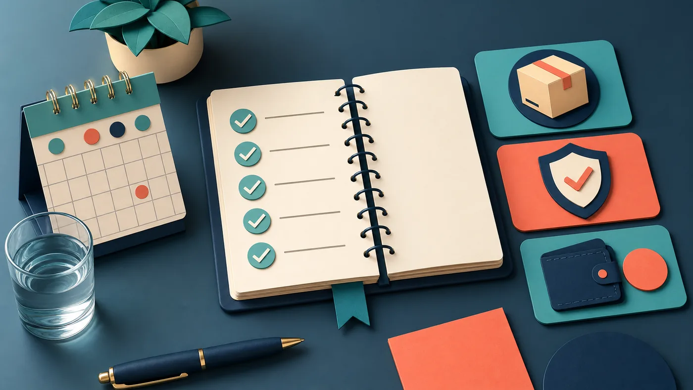 An illustrated buyer checklist with calendar, water glass, parcel, shield, and budget symbols