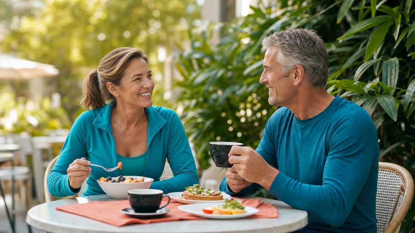 A middle-aged couple enjoying a relaxed outdoor breakfast after a walk