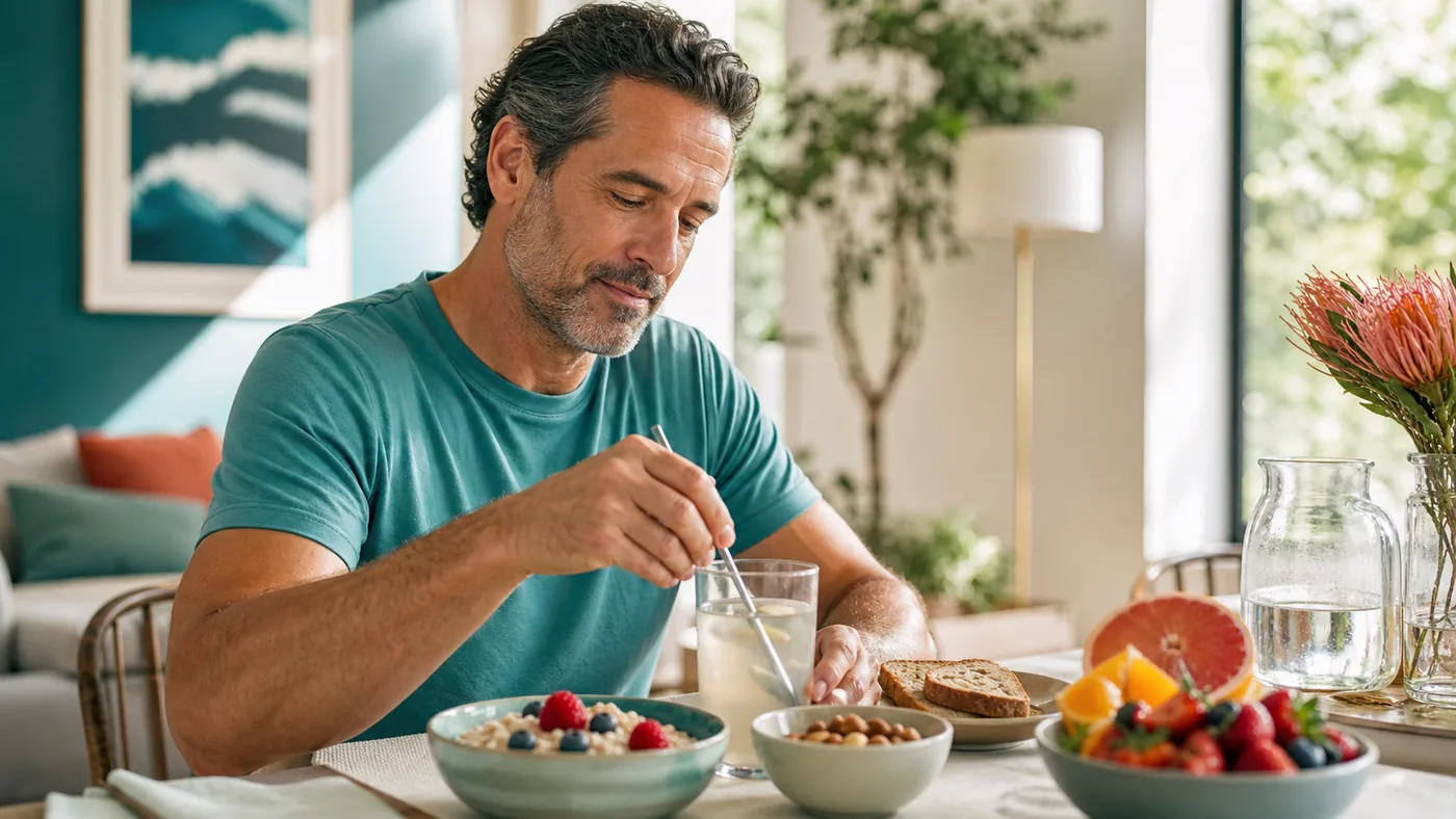 A man stirring a clear drink at a sunny breakfast table as part of a morning routine